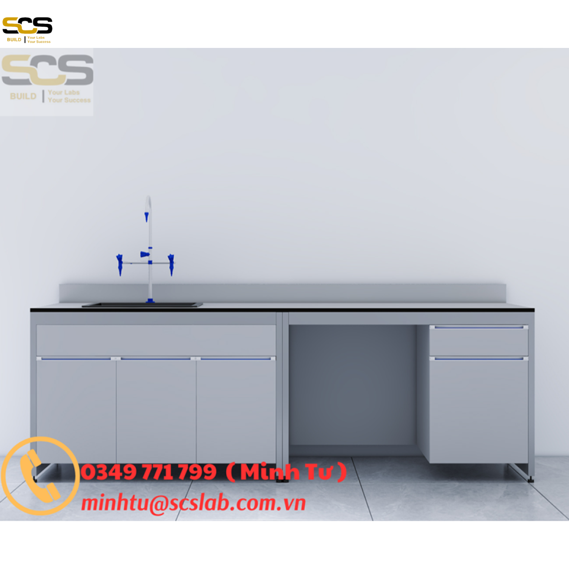 Bàn thí nghiệm áp tường có chậu rửa kích thước 3600mm