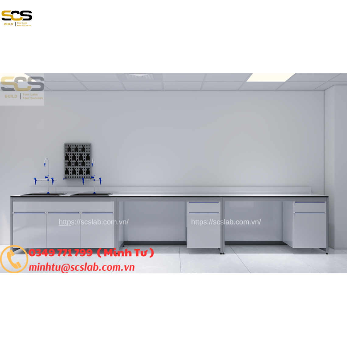 Bàn thí nghiệm áp tường có chậu rửa giá treo dụng cụ kích thước 3600mm