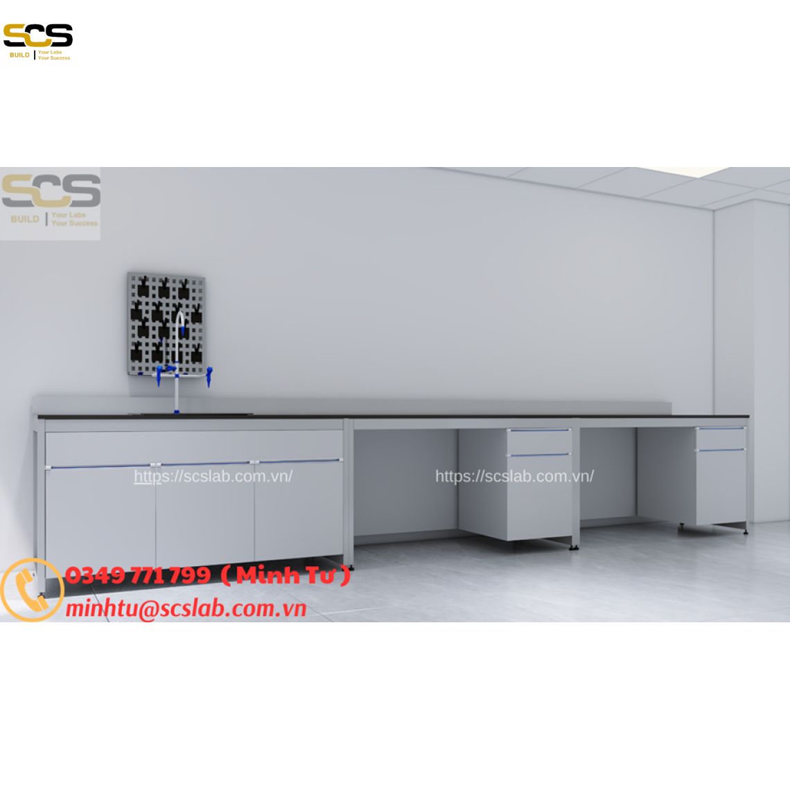 Bàn thí nghiệm áp tường có chậu rửa giá treo dụng cụ kích thước 3600mm
