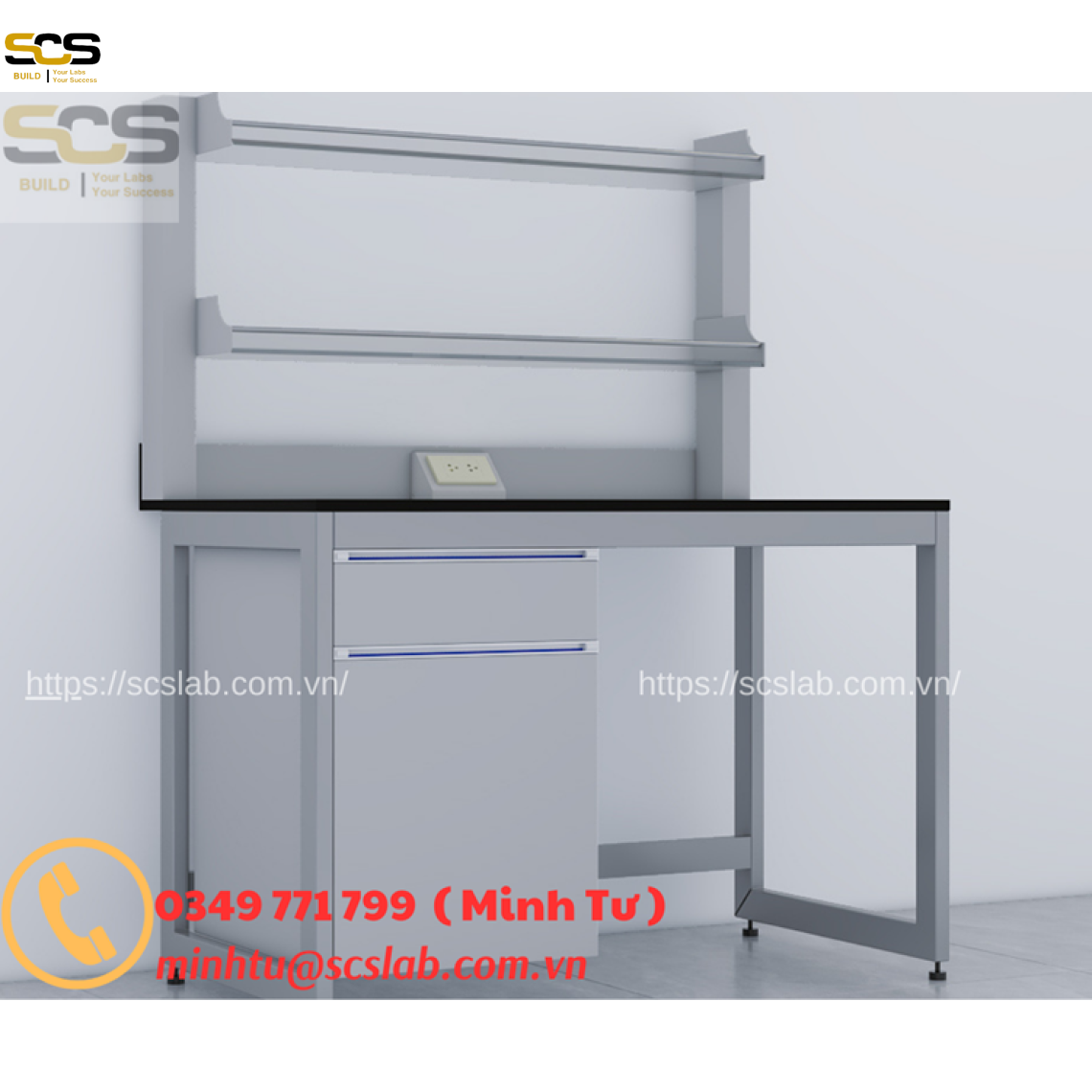 Bàn thí nghiệm đơn có kệ 2 tầng kích thước 1200mm. SCS  LAB
