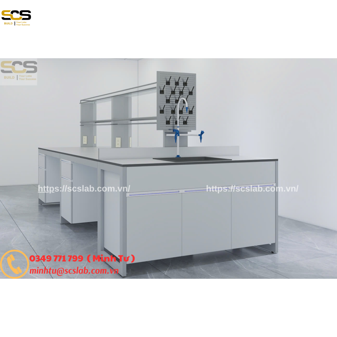 Bàn thí nghiệm đặt giữa phòng có bồn rửa kích thước 3000mm