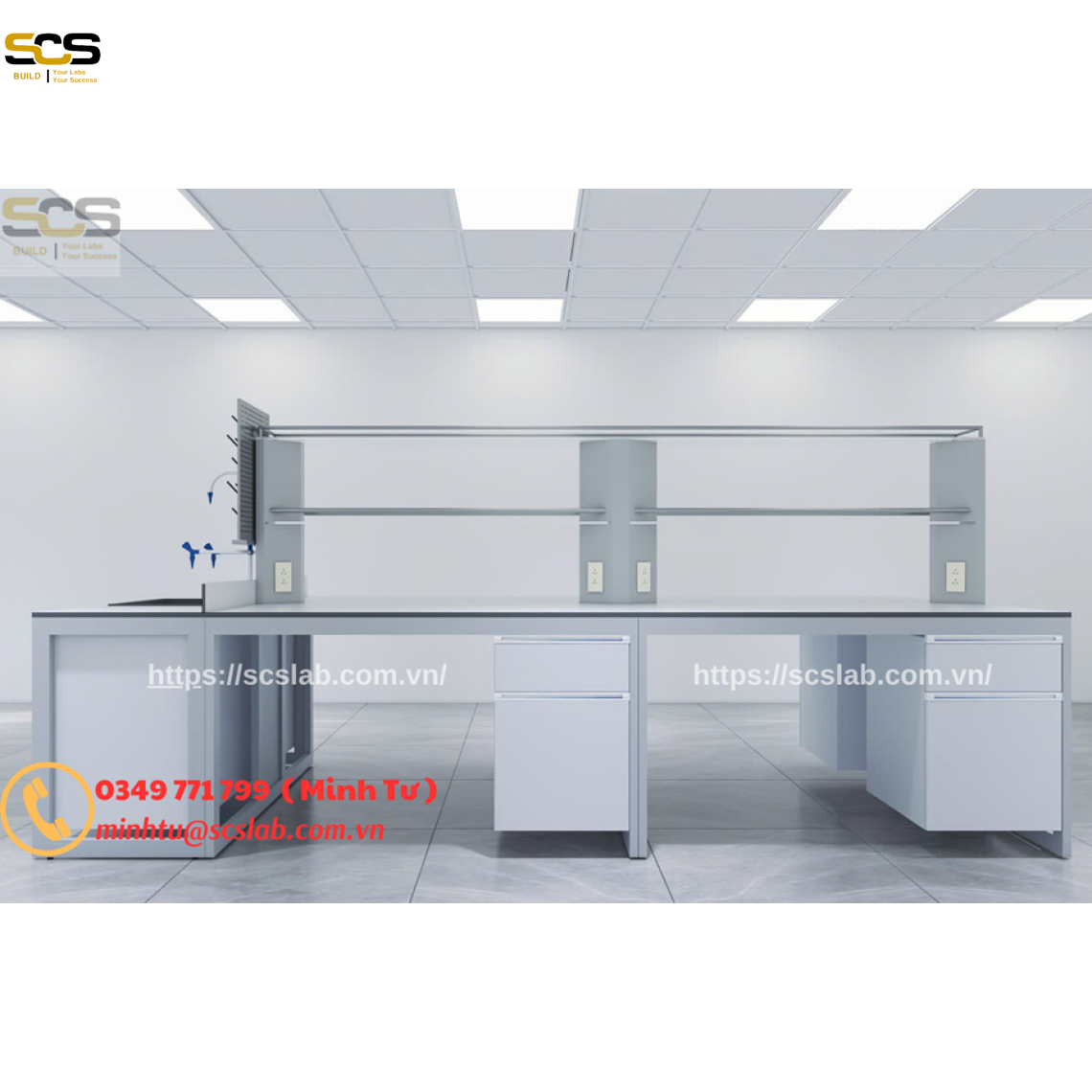 Bàn thí nghiệm đặt giữa phòng có bồn rửa kích thước 3000mm