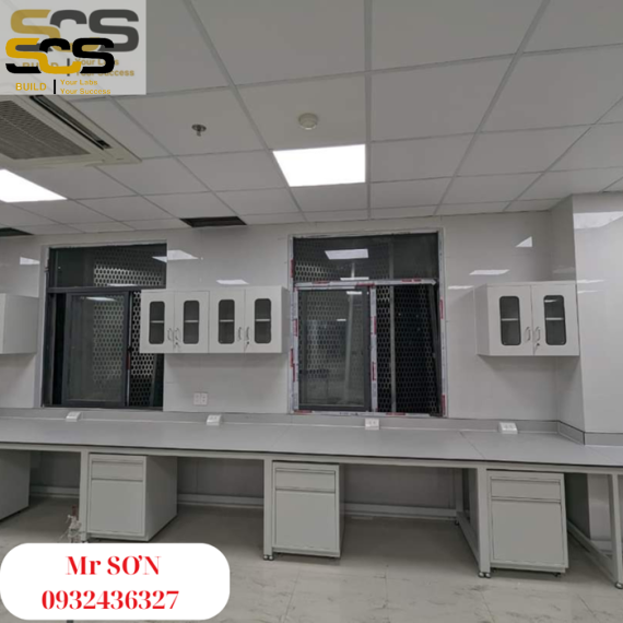 Bàn thí nghiệm áp tường có hộc tủ treo trên - Nội thất phòng thí nghiệm