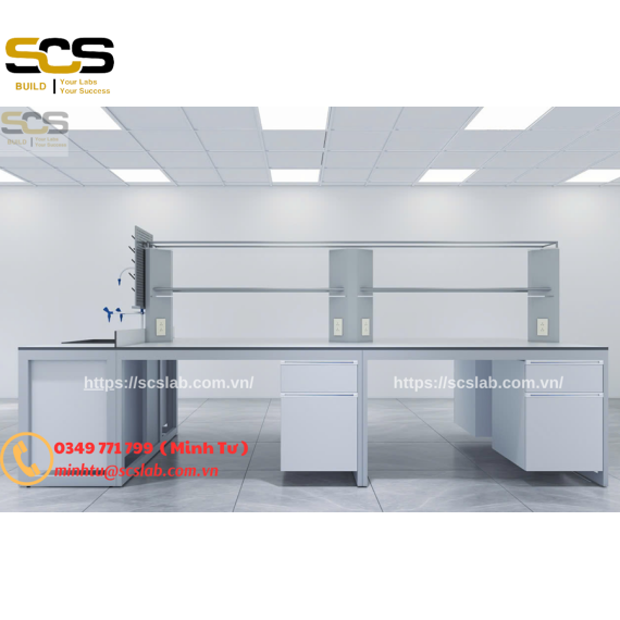 Bàn thí nghiệm đặt giữa phòng có bồn rửa kích thước 3000mm